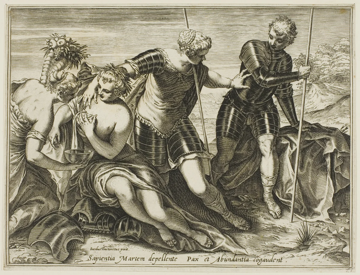 Mars Driven Away from Peace and Abundance by Minerva by Agostino Carracci, print, 1589