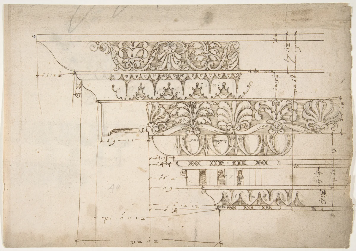 Domus Augustiana, cornice, elevation in profile, ornamental detailing (recto) Unidentified, cornice, elevation in profile, ornamental detailing (verso) by anonymous, drawing, 1500-1560