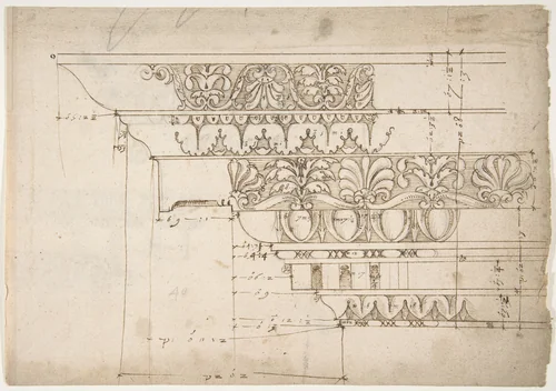 Domus Augustiana, cornice, elevation in profile, ornamental detailing (recto) Unidentified, cornice, elevation in profile, ornamental detailing (verso) by anonymous, drawing, 1500-1560