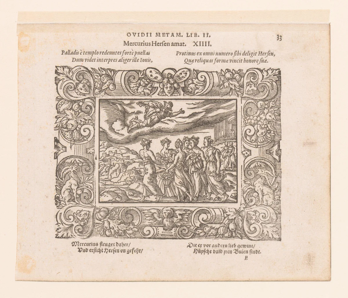 Mercurius wordt verliefd op Herse by Virgilius Solis, print, 1569