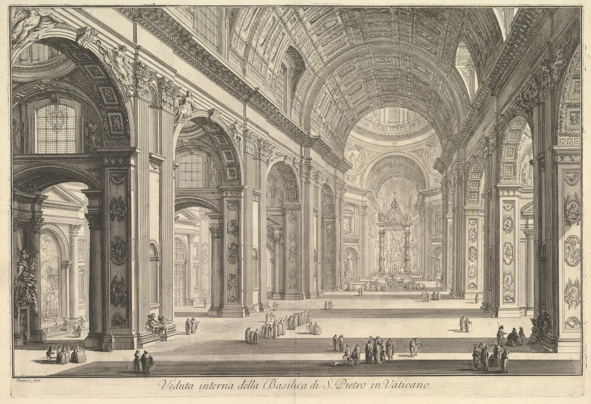 Interior view of St. Peter's Basilica in the Vatican, from "Vedute di Roma" (Roman Views) by Giovanni Battista Piranesi, print, 1743-1753