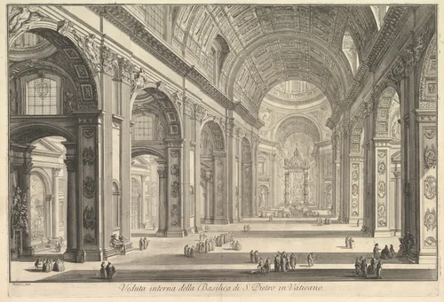 Interior view of St. Peter's Basilica in the Vatican, from "Vedute di Roma" (Roman Views) by Giovanni Battista Piranesi, print, 1743-1753