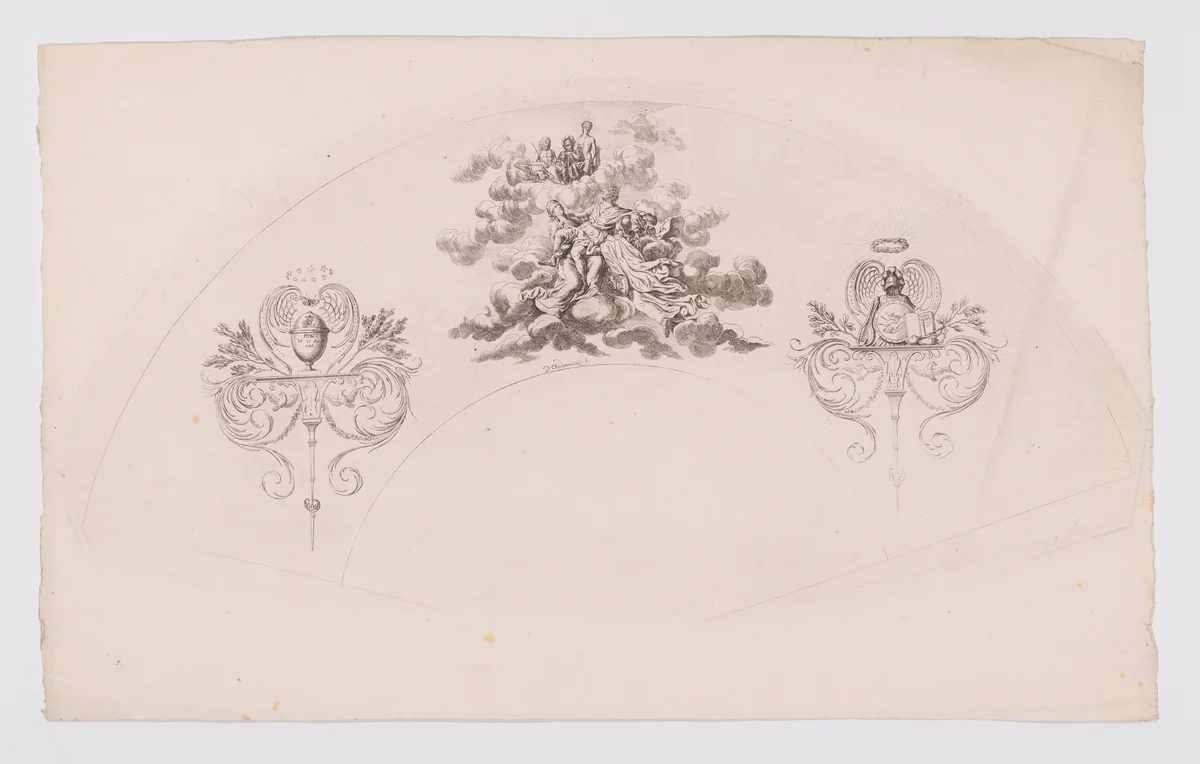 Fan leaf depicting the Apotheosis of Frederick II of Prussia met by Jupiter, Mars, and Apollo by Daniel Nikolaus Chodowiecki, print, 1786