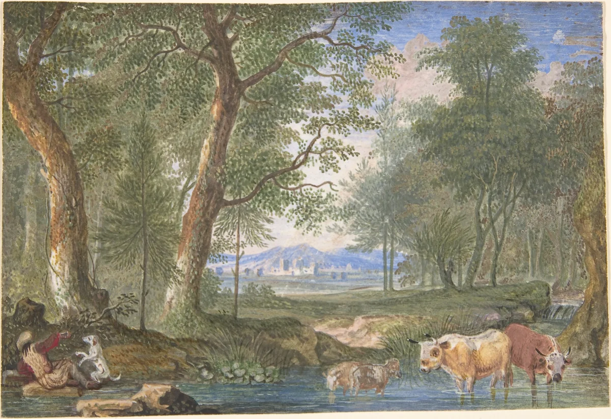 Landscape with Cows in a Brook by Felix Meyer, drawing, 1698