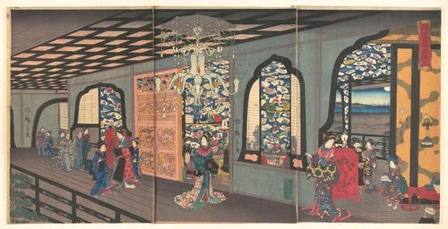 Upper Floor of the Gankirō Tea House in Yokohama by Utagawa Hiroshige II (二代目歌川広重), print, 1860