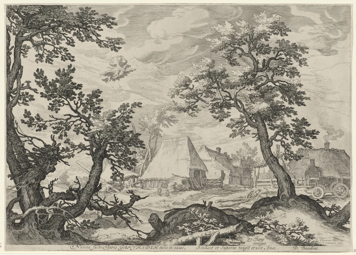 Landschap met de ontvoering van Ganymedes by Unknown, print, 1575-1607
