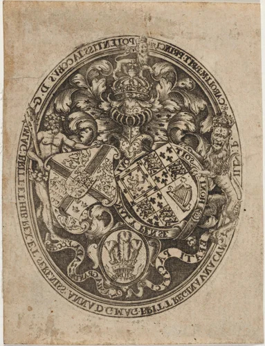 Shield of James I, Anne of Denmark, and Prince Charles by Simon van de Passe, print, 1595-1647
