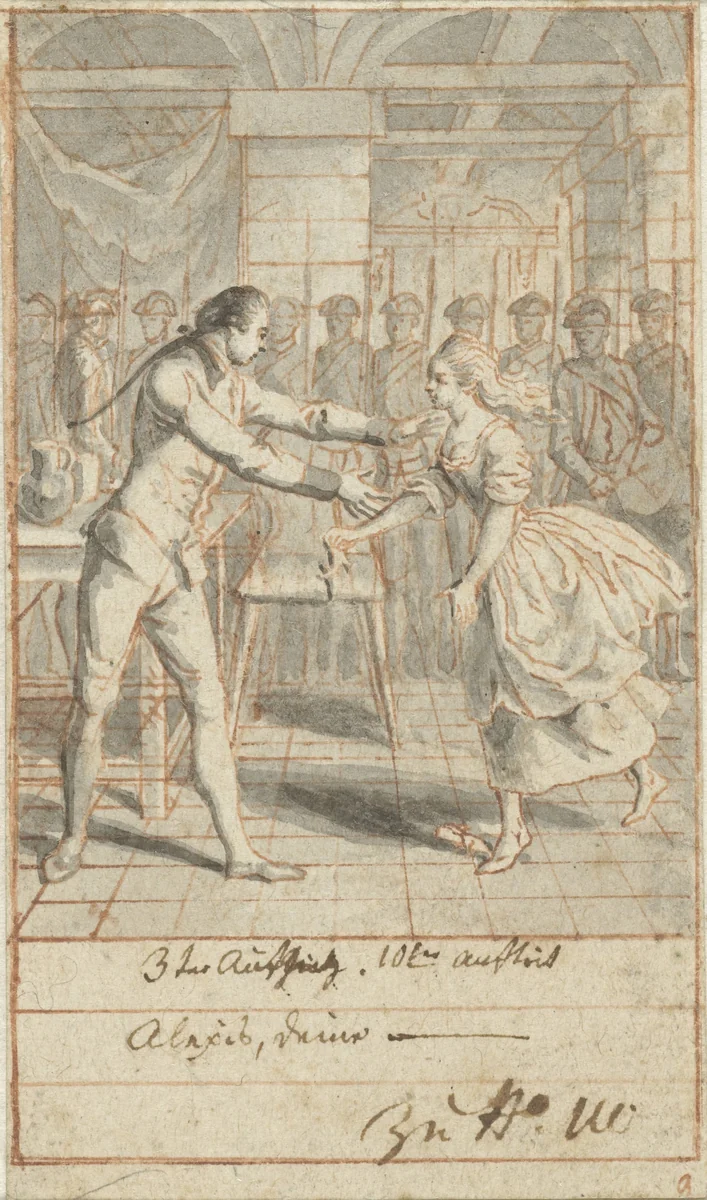Louise bezoekt Alexis in de gevangenis om hem van zijn gratie te vertellen by Daniel Nikolaus Chodowiecki, drawing, 1770-1775