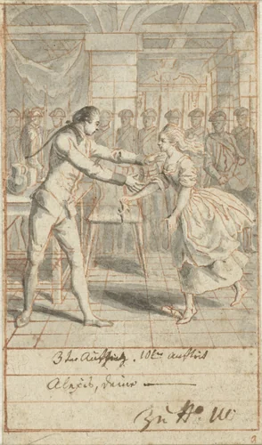 Louise bezoekt Alexis in de gevangenis om hem van zijn gratie te vertellen by Daniel Nikolaus Chodowiecki, drawing, 1770-1775