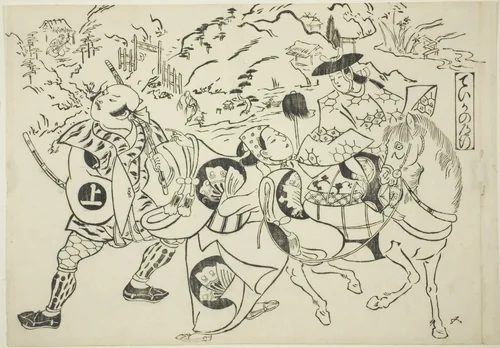 Teika's Journey (Taika no michiyuki), from the series "Famous Scenes from Japanese Puppet Plays (Yamato irotake)" by Okumura Masanobu (奥村政信), print, 1700-1711