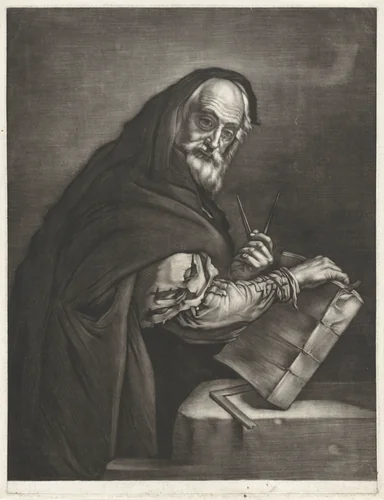 Filosoof met een passer en een boek by Bernard Vaillant, print, 1672