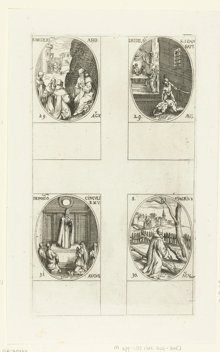 Heilige Medericus van Autun, Heilige Johannes de Doper, Heilige Fiacrius van Brie, Gordel van Maria (29-31 augustus) by Jacques Callot, print, 1632-1636