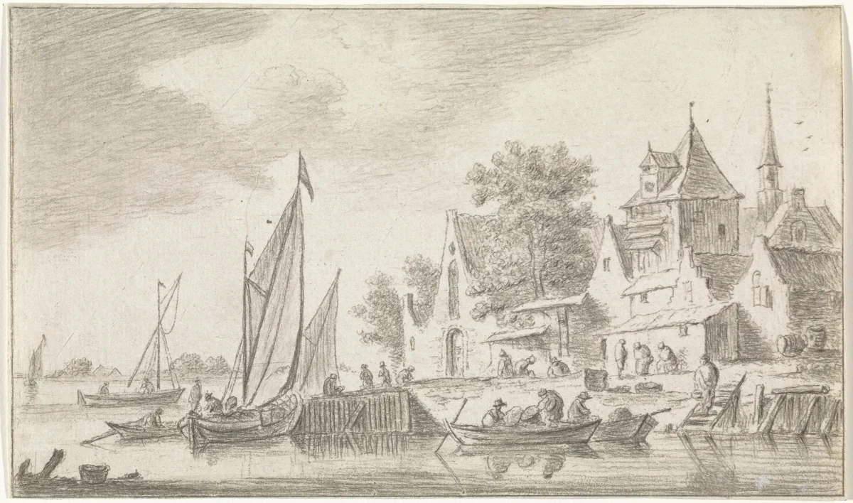 Gezicht op een dorp aan een rivier by Hendrik Spilman, print, 1742-1784