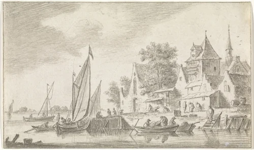 Gezicht op een dorp aan een rivier by Hendrik Spilman, print, 1742-1784