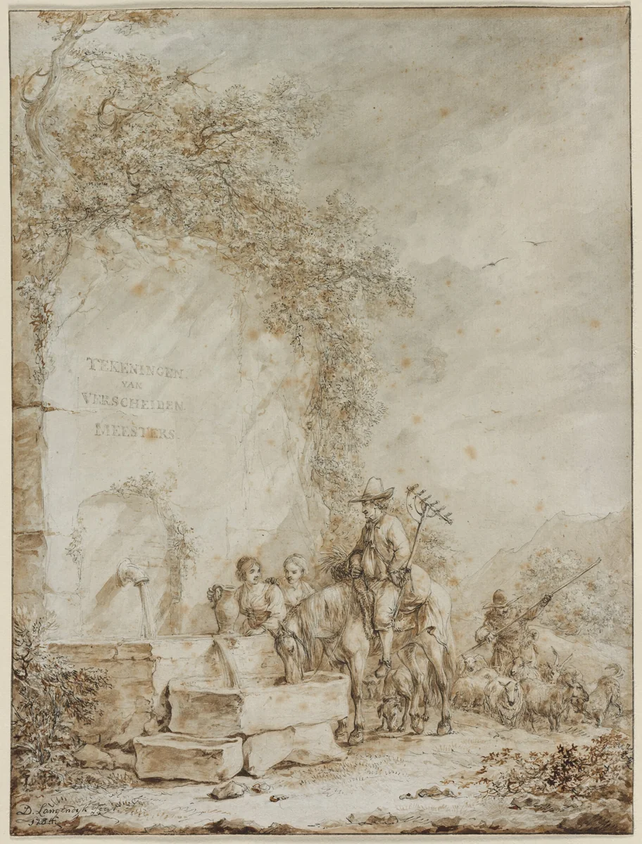 Frontispiece for an Album of Drawings: Peasants at a Fountain (recto) by Dirk Langendijk, drawing, 1784
