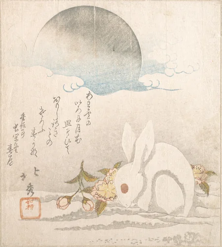 Rabbit in the Snow beneath the Moon 月下の兎 by Katsushika Hokushū (葛飾北秀), print, 1819