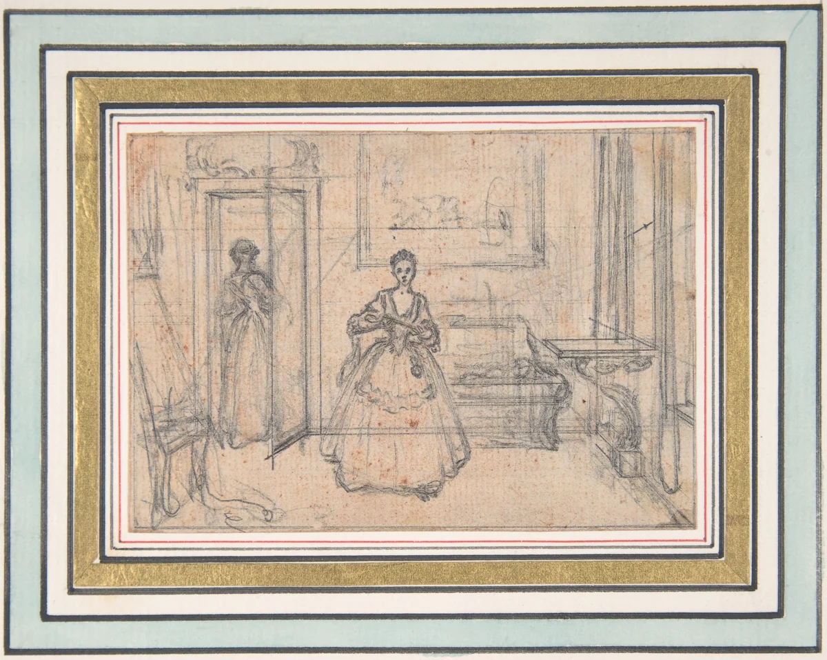 Study for "The Just Resentment," etched vignette in "Songs in the Opera of Flora" by Hubert François Gravelot, drawing, 1732-1742