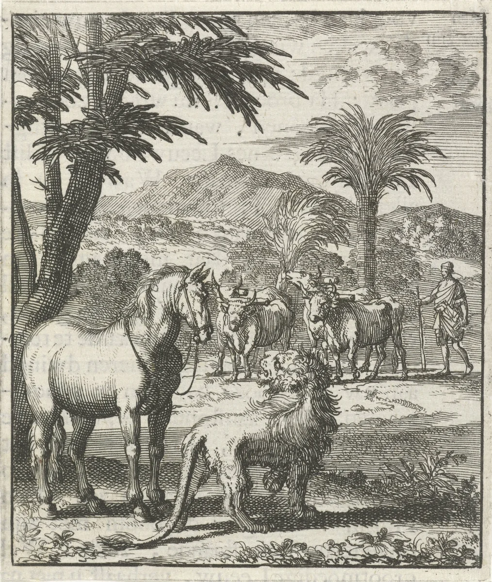 Jonge leeuw in gesprek met een paard by Jan Luyken, print, 1693