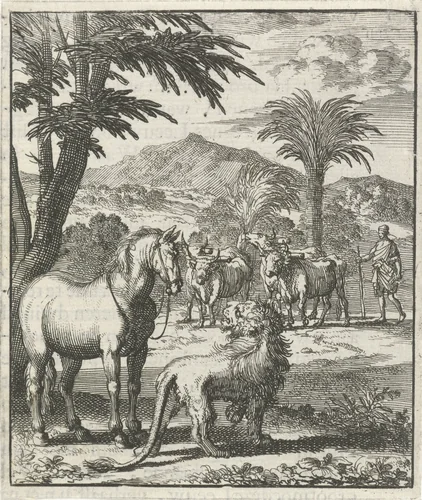 Jonge leeuw in gesprek met een paard by Jan Luyken, print, 1693