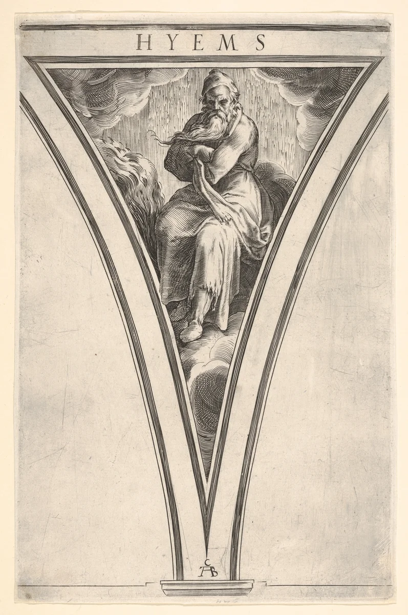 Winter (Hyems), represented as a seated man crossing his arms across his chest, a spandrel-shaped composition from "The Four Seasons" by Cherubino Alberti, print, 1570-1615