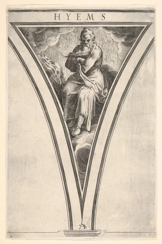 Winter (Hyems), represented as a seated man crossing his arms across his chest, a spandrel-shaped composition from "The Four Seasons" by Cherubino Alberti, print, 1570-1615