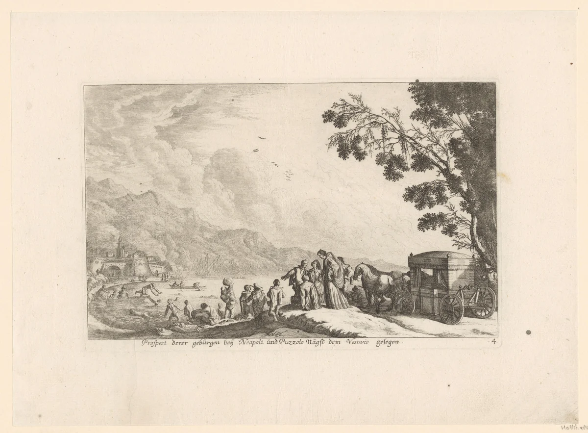 Gezicht op de kust bij Napels en de Vesuvius by Melchior Küsel, print, 1670-1719