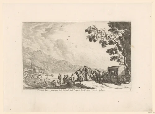 Gezicht op de kust bij Napels en de Vesuvius by Melchior Küsel, print, 1670-1719