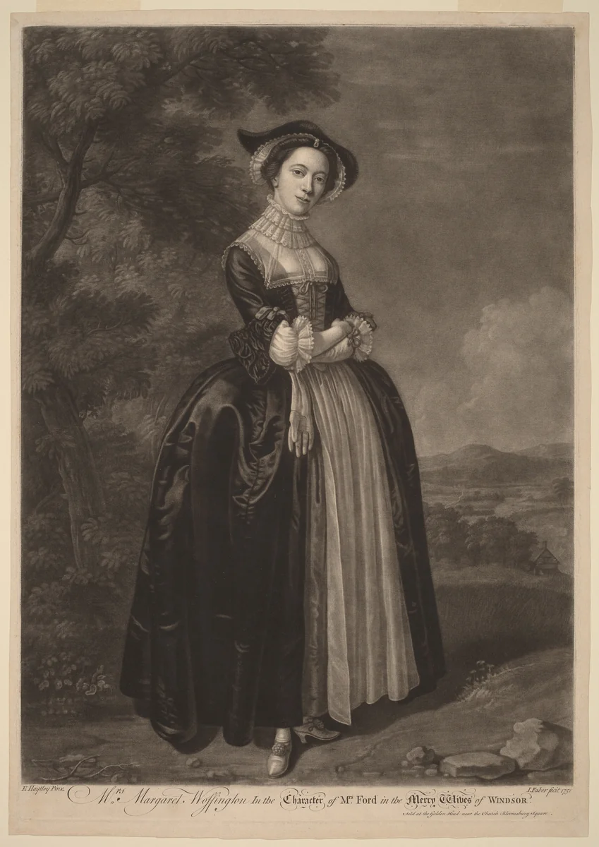 Mrs. Margaret Woffington in the Character of Mrs. Ford in the Merry Wives of Windsor by John Faber Edward Haytley, print, 1684-1756