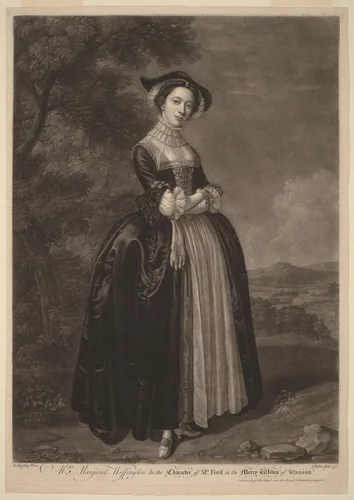 Mrs. Margaret Woffington in the Character of Mrs. Ford in the Merry Wives of Windsor by John Faber Edward Haytley, print, 1684-1756