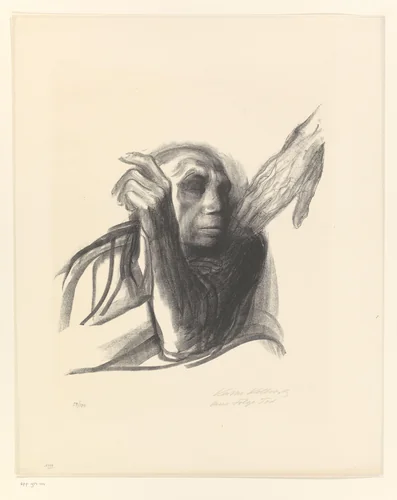 Käthe Kollwitz als oude vrouw met hand op de schouder by Käthe Kollwitz, print, 1934-1937