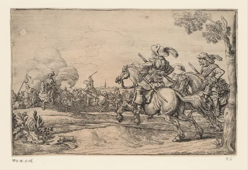 Veldslag met drie galoperende ruiters by Jan Martszen de Jonge, print, 1619-1649