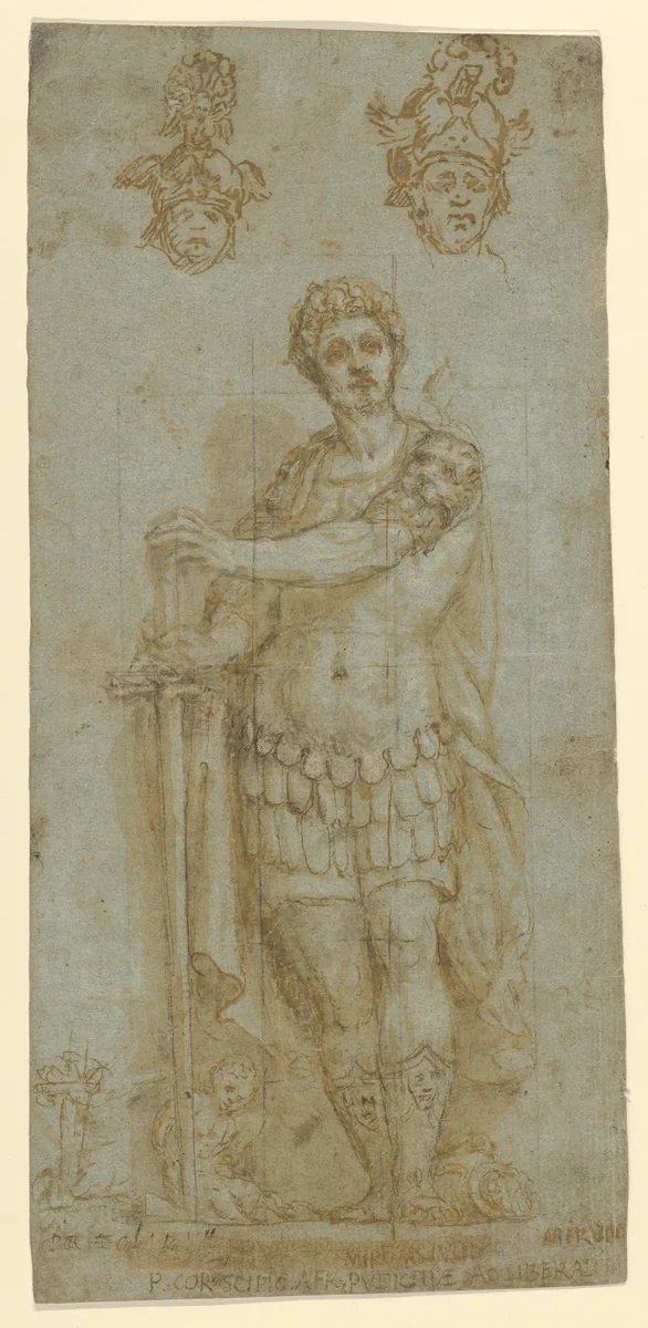 Figure in Roman Dress (Publius Cornelius Scipio Africanus) and Study of Two Helmets (recto); Sketches and Latin Inscription (verso) by anonymous, drawing, 1500-1599