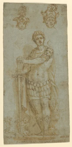 Figure in Roman Dress (Publius Cornelius Scipio Africanus) and Study of Two Helmets (recto); Sketches and Latin Inscription (verso) by anonymous, drawing, 1500-1599