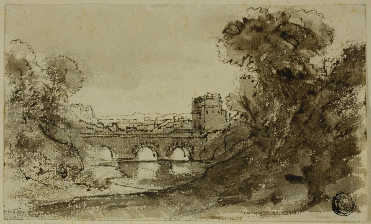 Italianate River Landscape with Bridge with Tower by Gaspar van Wittel, drawing, 1700-1799