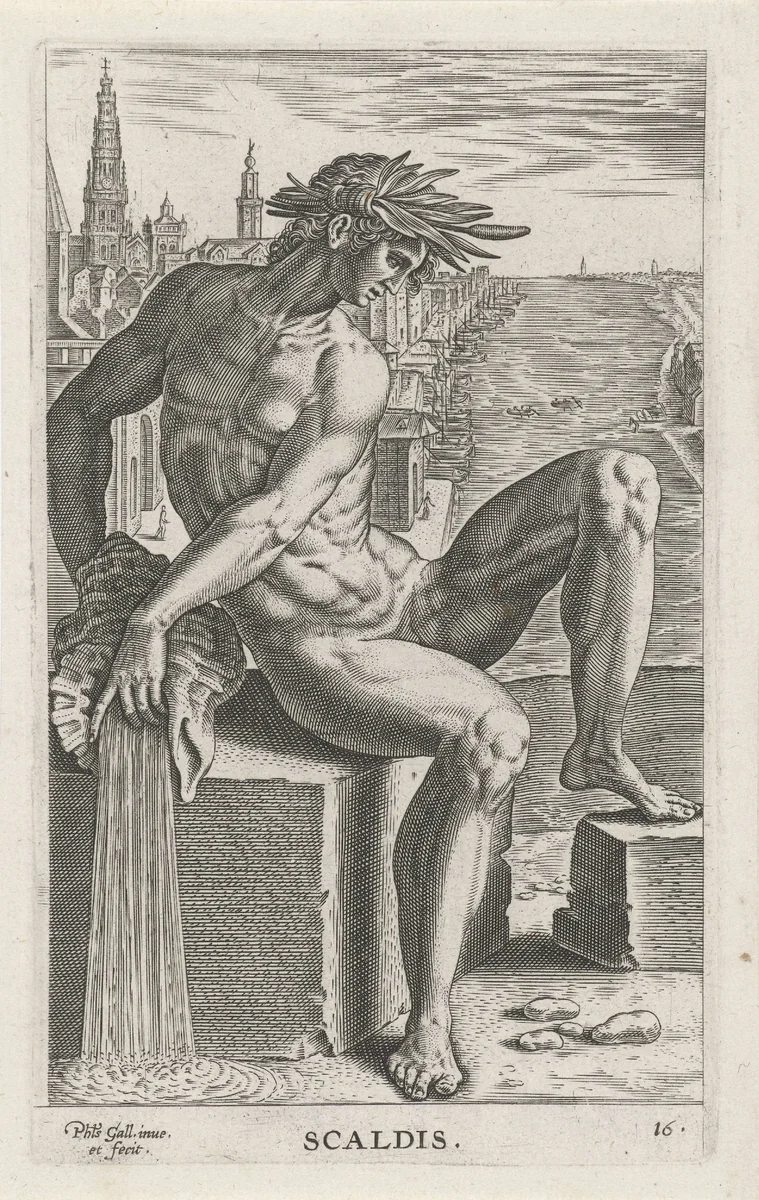 Riviergod Scaldis by Unknown, print, 1586