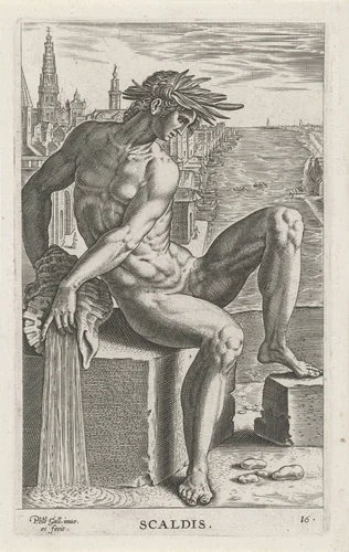 Riviergod Scaldis by Unknown, print, 1586