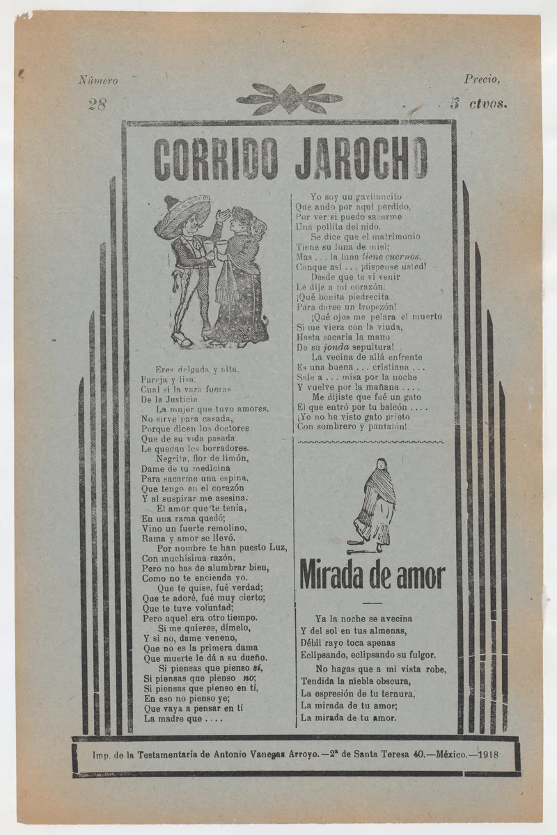 Broadside with two love ballads (corridos), figures dancing upper left and a woman wearing a shawl and skirt lower right by José Guadalupe Posada, print, 1913-1923