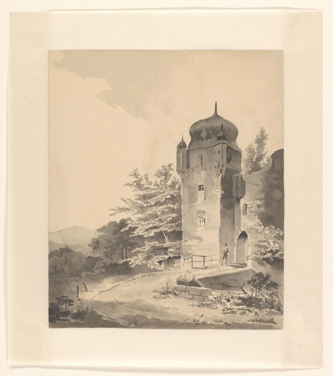 Berglandschap met wandelaar bij een toren by Johannes van Reijn, drawing, 1800-1900