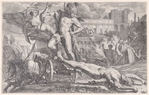 Achilles dragging the body of Hector around the walls of Troy by Pietro Testa, print, 1630-1650