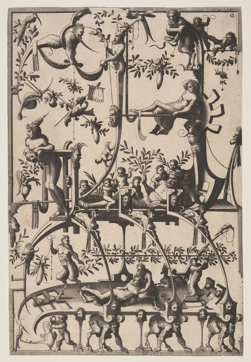 Grotesque Ornament and Tomb Design, from Veelderleij veranderinghe van grotissen... by Johannes van Doetecum, print, 1556