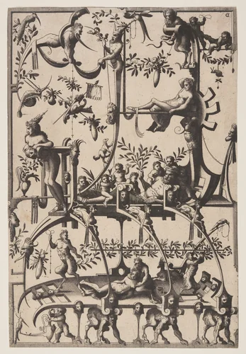 Grotesque Ornament and Tomb Design, from Veelderleij veranderinghe van grotissen... by Johannes van Doetecum, print, 1556