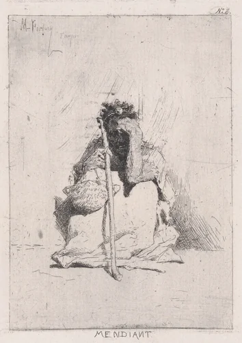 A beggar, seated on the ground holding a stick by Mariano Fortuny, print, 1862