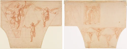 Three Studies of Angels for a Pendentive (recto); Studies for Christ Meeting His Mother on the Road to Calvary, Studies of an Angel in a Pendentive (verso) by Cristoforo Roncalli, drawing, 1599-1604