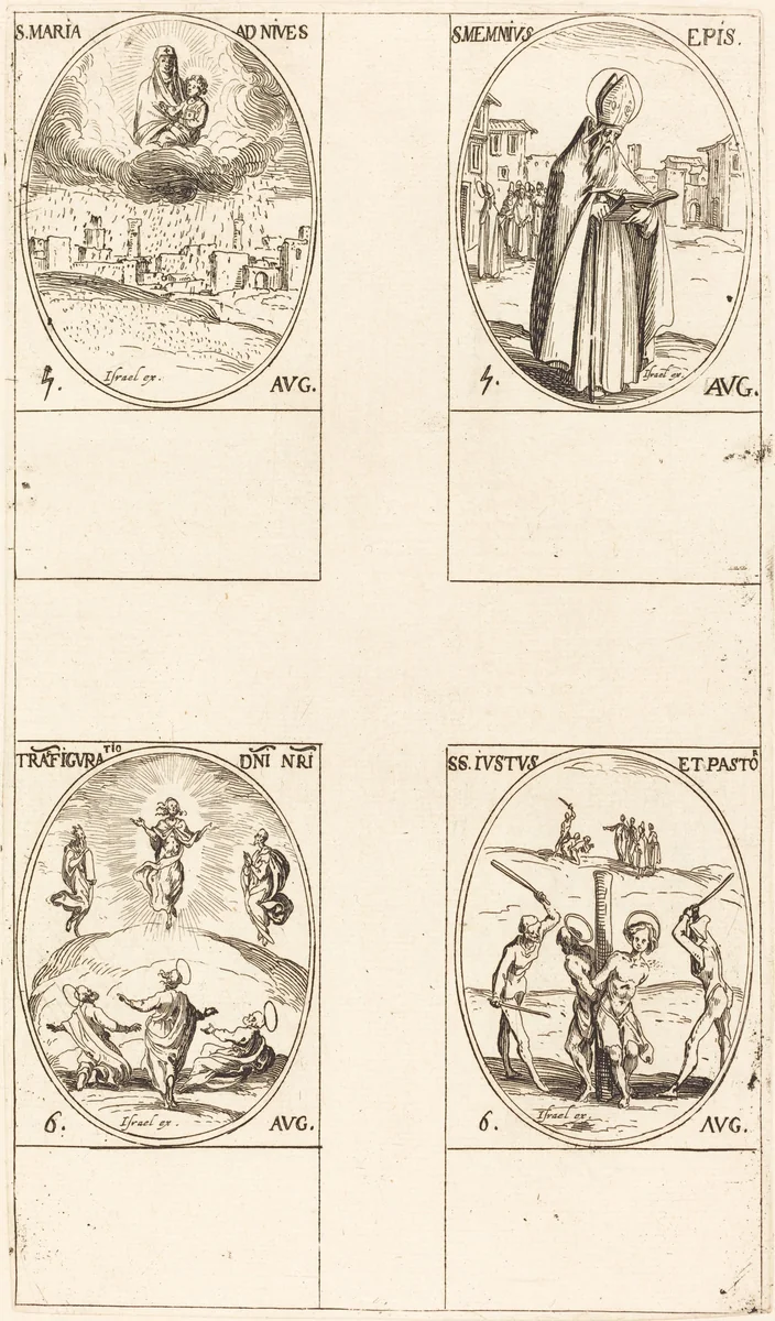 St. Mary of Snow; St. Memmius, Bishop; The Transfiguration; Sts. Justus and Pastor by Jacques Callot, print, 1627-1637