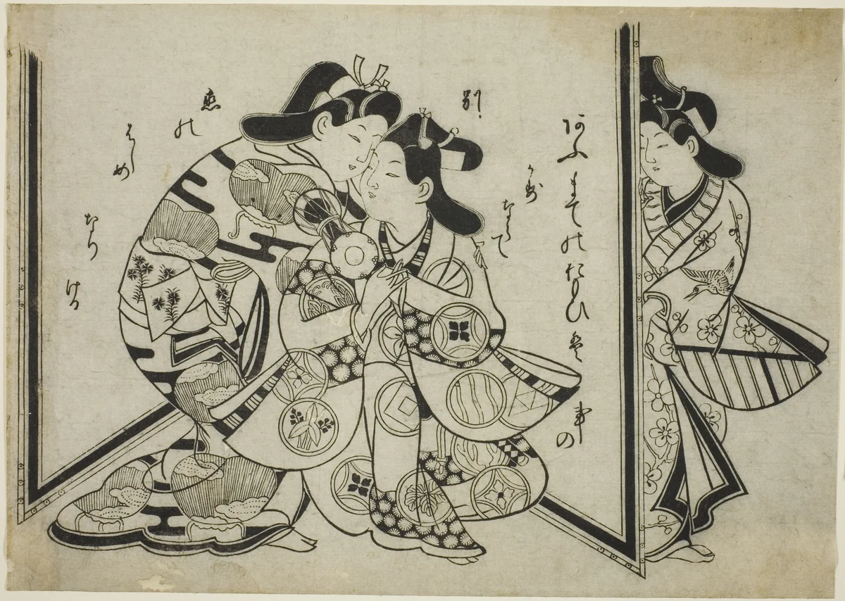 An Interrupted Embrace by Sugimura Jihei, print, 1680-1690