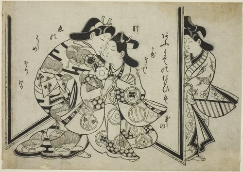 An Interrupted Embrace by Sugimura Jihei, print, 1680-1690