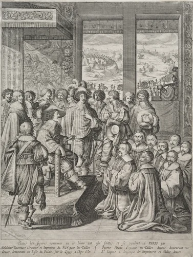 Louis XIII Receiving a Deputation of Magistrates by Abraham Bosse, print, 1617-1643