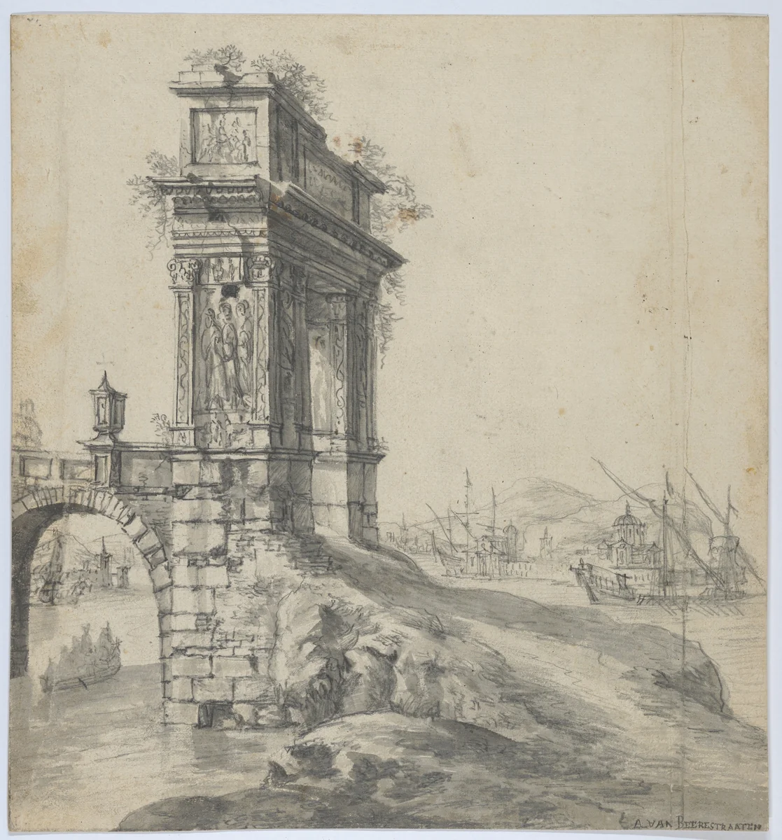 Capriccio of a Bridge with the Arcus Argentariorum by a Mediterranean Harbor by Johannes Abrahamsz Beerstraten, drawing, 1642-1666