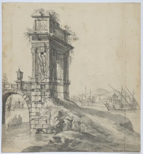 Capriccio of a Bridge with the Arcus Argentariorum by a Mediterranean Harbor by Johannes Abrahamsz Beerstraten, drawing, 1642-1666