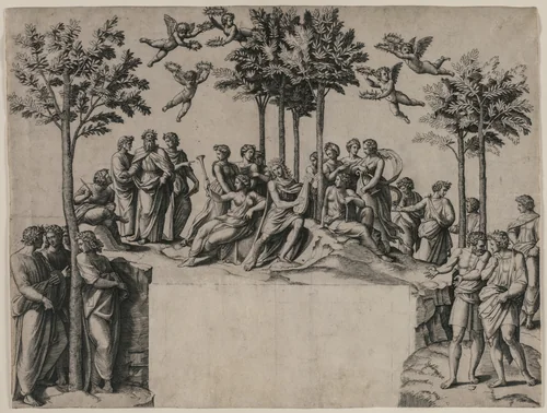 Apollo on Parnassus by Marcantonio Raimondi, print, 1512-1525